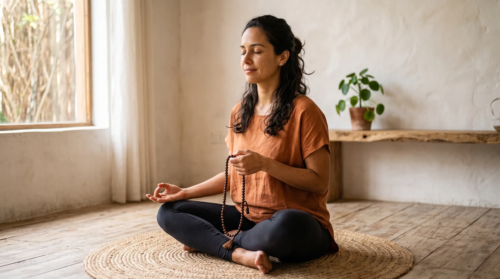 Mulher meditando com um japamala na mão, de olhos fechados, praticando meditação com mantra