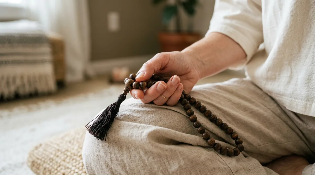 Close das mãos de uma mulher segurando um japamala de contas de madeira durante a meditação