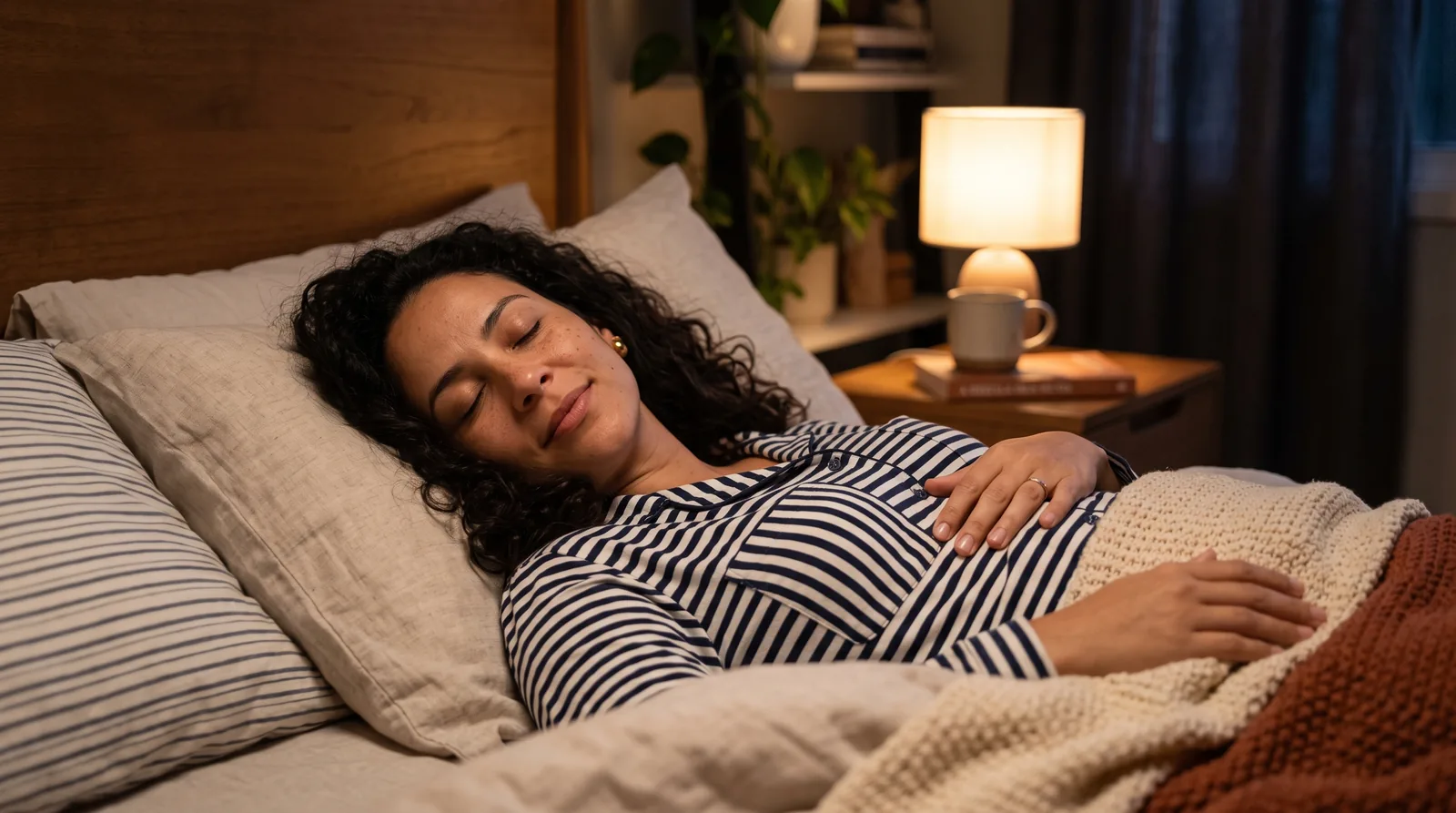 Mulher deitada na cama à noite, de olhos fechados e mão na barriga, respirando para dormir