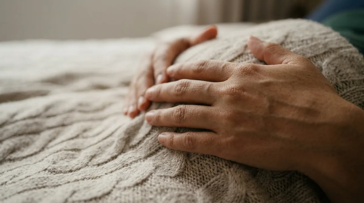 Close das mãos de uma mulher pousadas sobre a barriga enquanto ela descansa sob uma manta