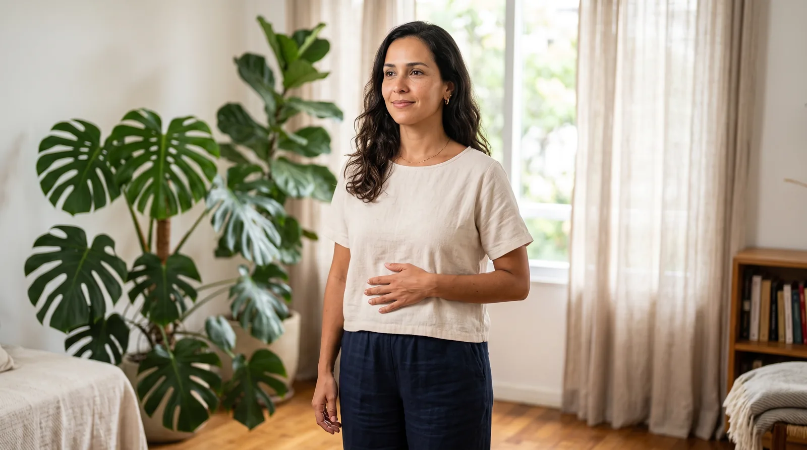 Mulher em pé com postura ereta e a mão na barriga, respirando com calma pelo nariz