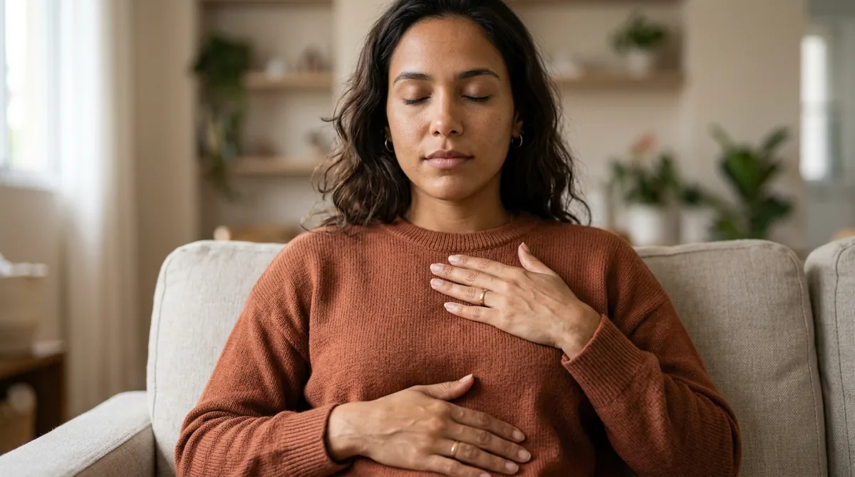 Mulher com uma mão no peito e outra na barriga conferindo como respira, de olhos fechados