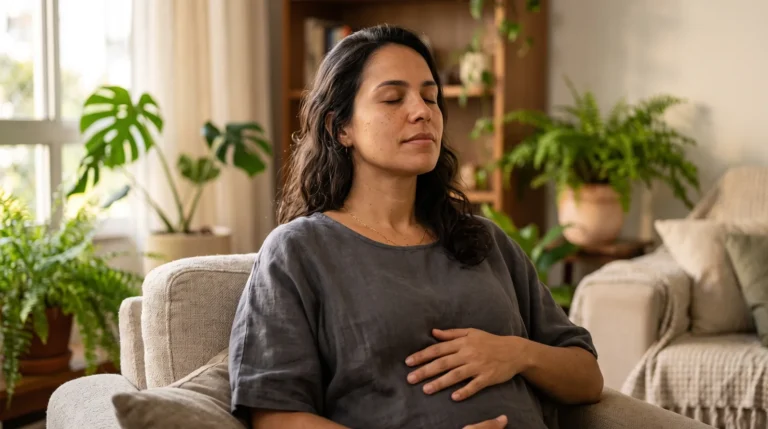 Mulher sentada no sofá de olhos fechados, ombros relaxados e mão na barriga, fazendo uma respiração profunda
