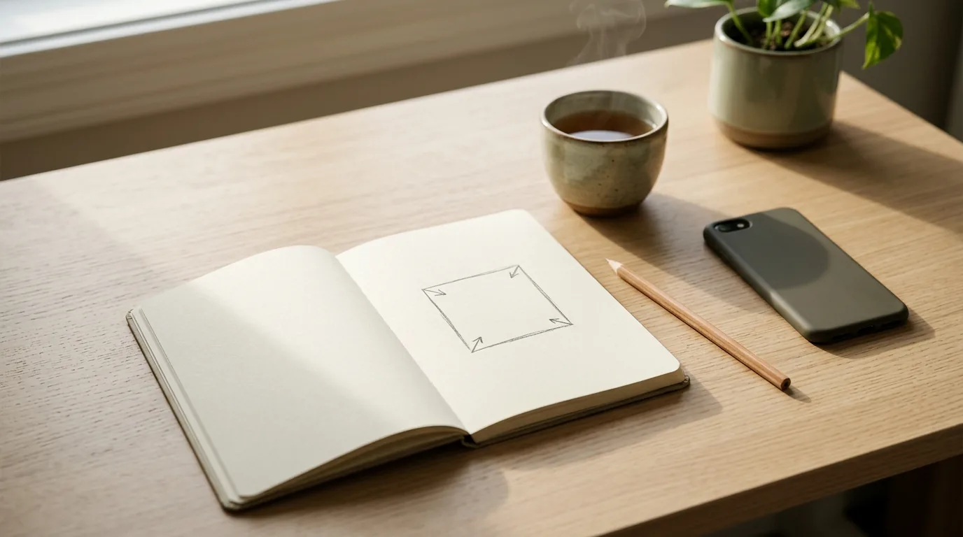 Caderno aberto com um quadrado desenhado a lápis e setas nos cantos, ao lado de uma xícara de chá e de um celular sobre a mesa