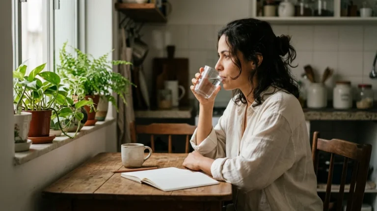 Mulher sentada à mesa da cozinha bebendo um copo de água depois do café, com um caderno aberto ao lado