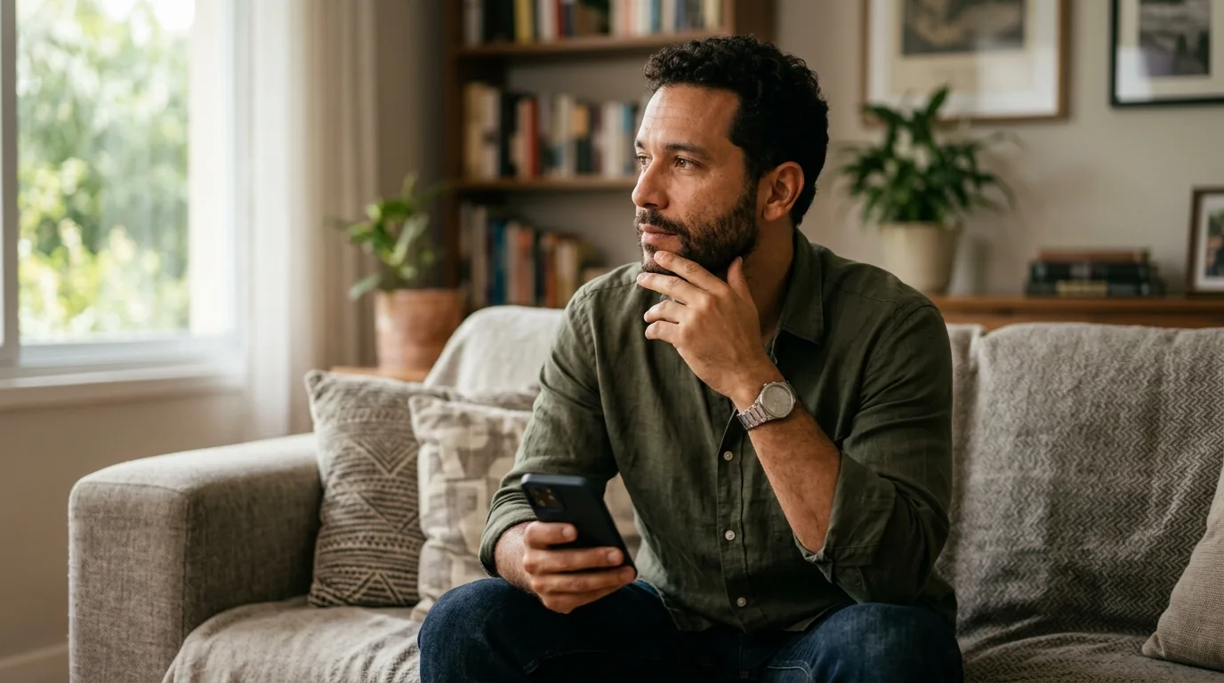 Homem pensando antes de responder a uma mensagem no celular