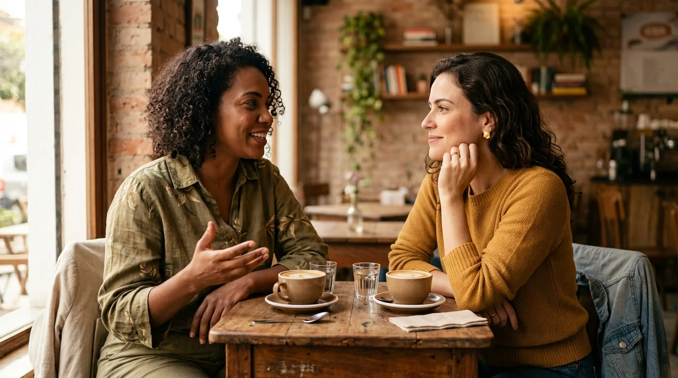 Duas amigas conversando com calma em uma mesa de café