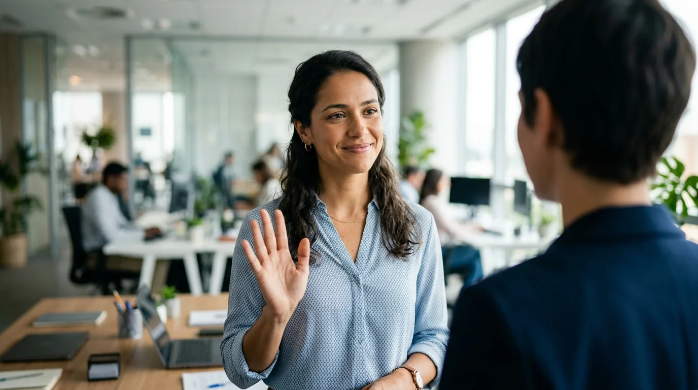Mulher recusando um pedido com um gesto gentil durante uma conversa no escritório