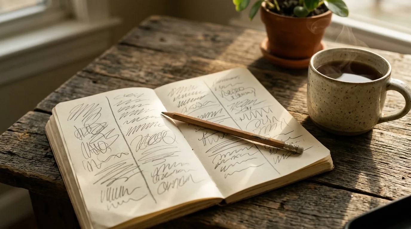 Caderno aberto com a página dividida em duas colunas ao lado de uma caneca de chá sobre a mesa de madeira