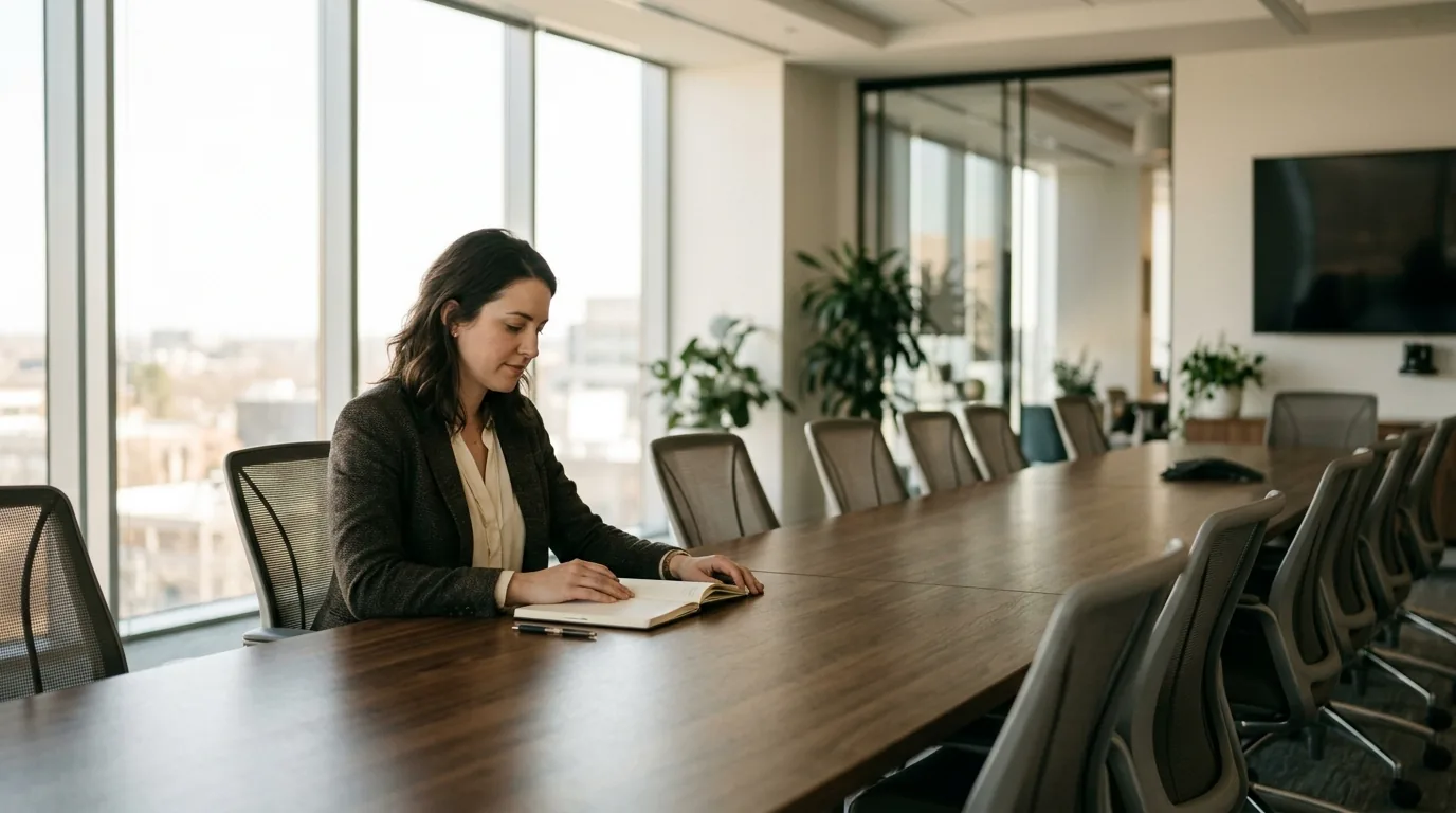 Mulher sentada sozinha à mesa de reunião olhando o caderno antes de falar, cena sobre como lidar com a insegurança no trabalho