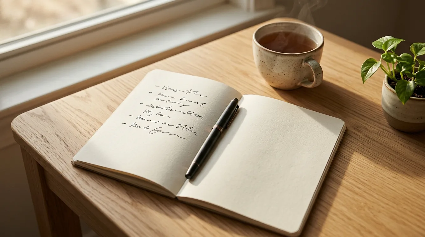 Caderno aberto com uma lista escrita à mão, caneta, xícara de chá e planta sobre mesa de madeira iluminada pelo sol da manhã