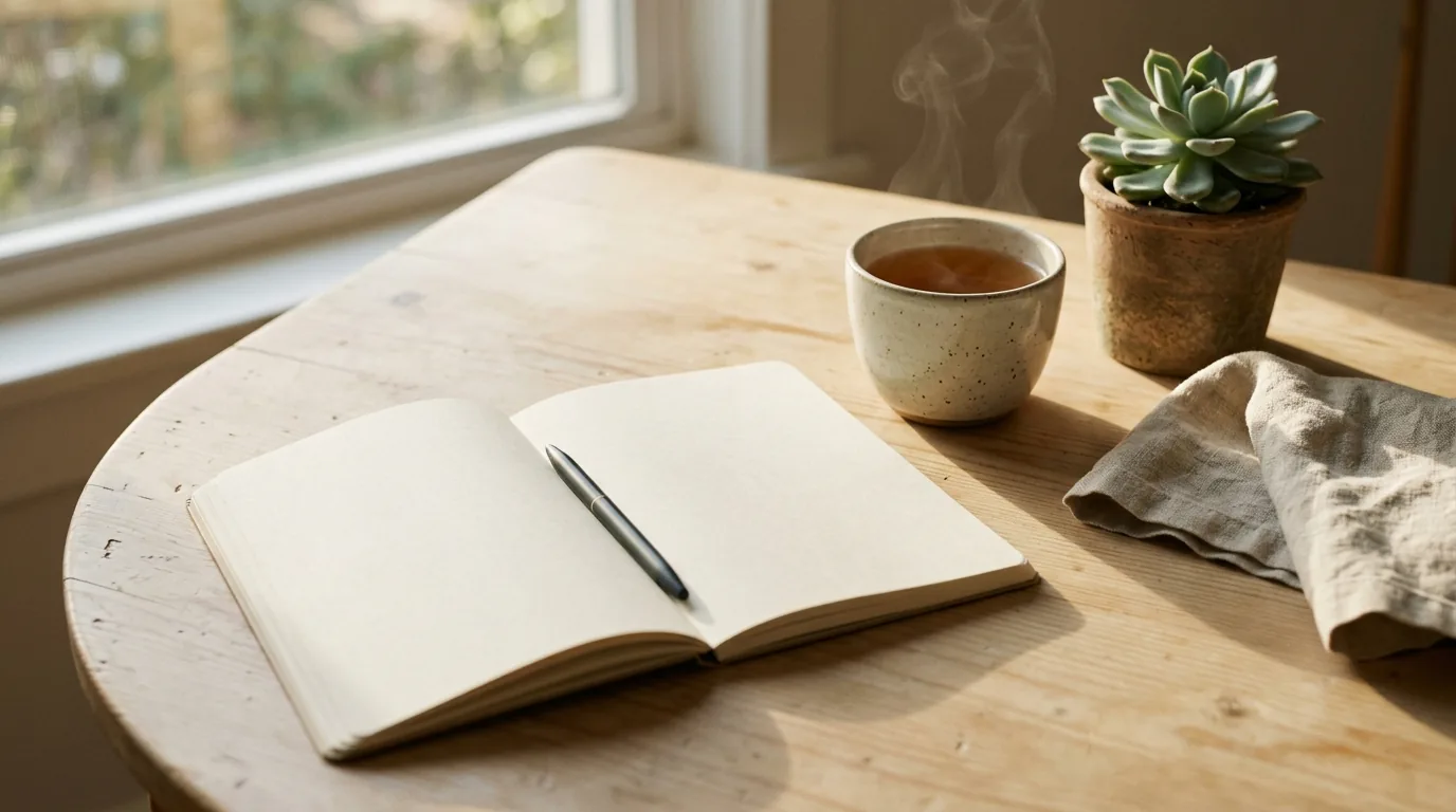 Caderno aberto com páginas em branco, caneta e xícara de chá sobre mesa de madeira perto da janela
