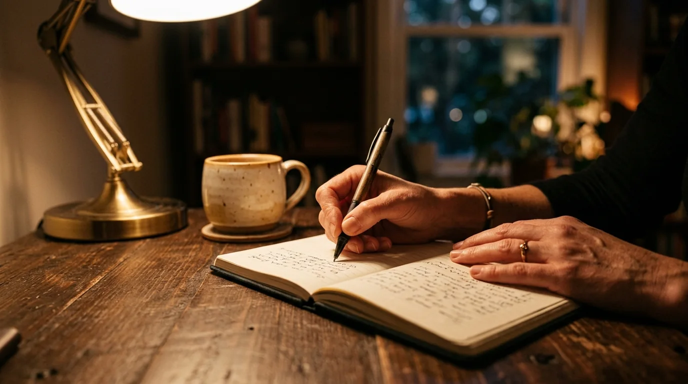 Mãos escrevendo em um caderno à luz de uma luminária de mesa, ao lado de uma caneca
