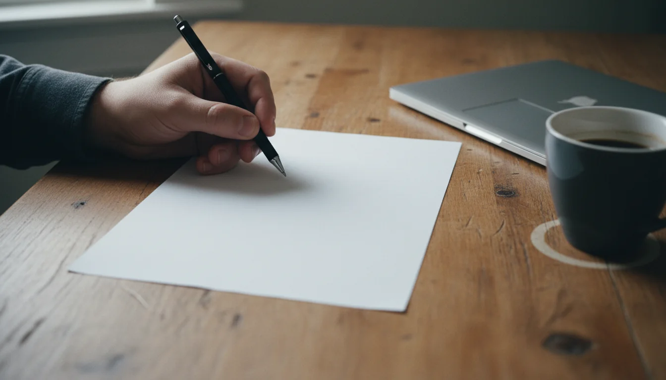 Mão segurando uma caneta sobre uma folha em branco, ao lado de um notebook fechado e uma xícara de café