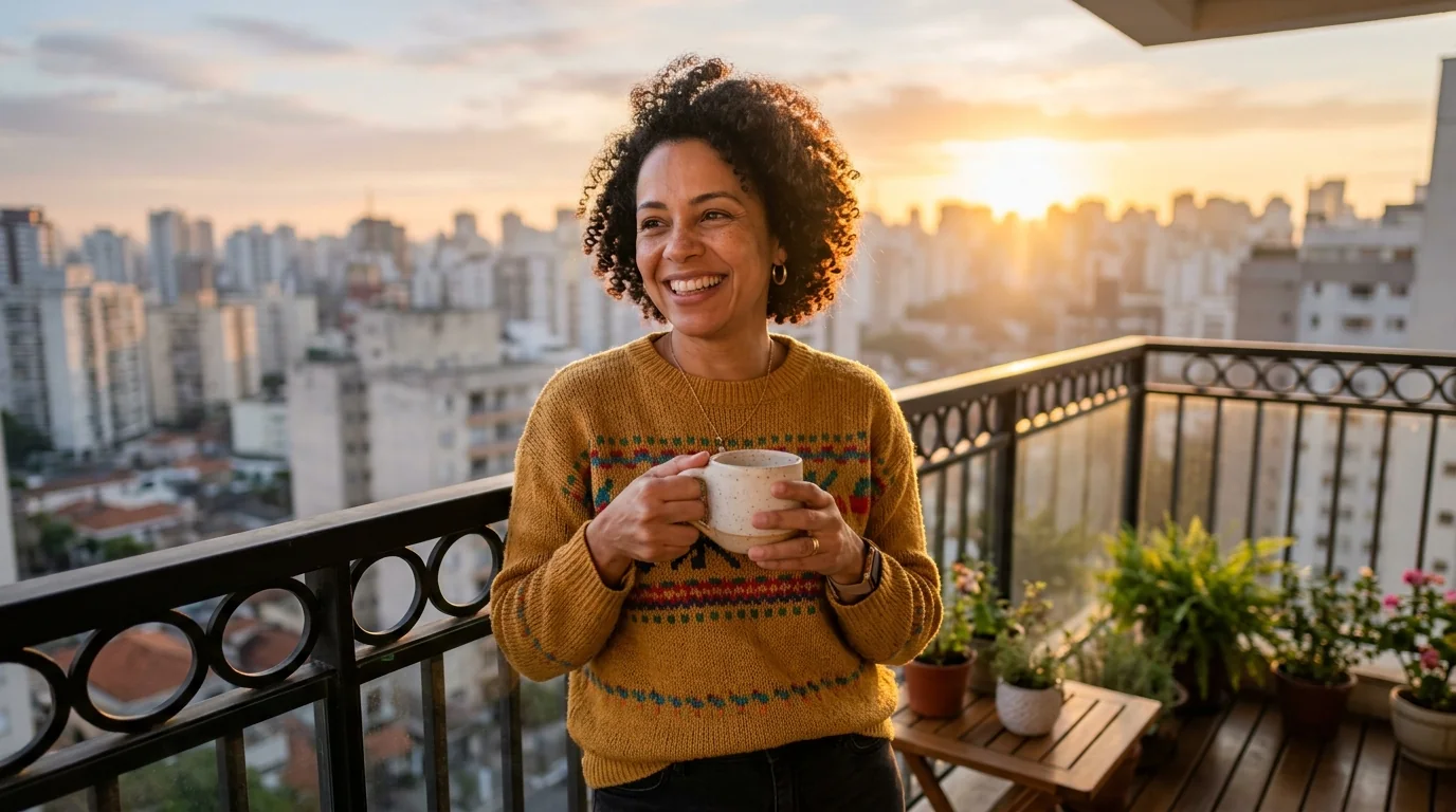 Mulher disposta tomando café na varanda ao nascer do sol