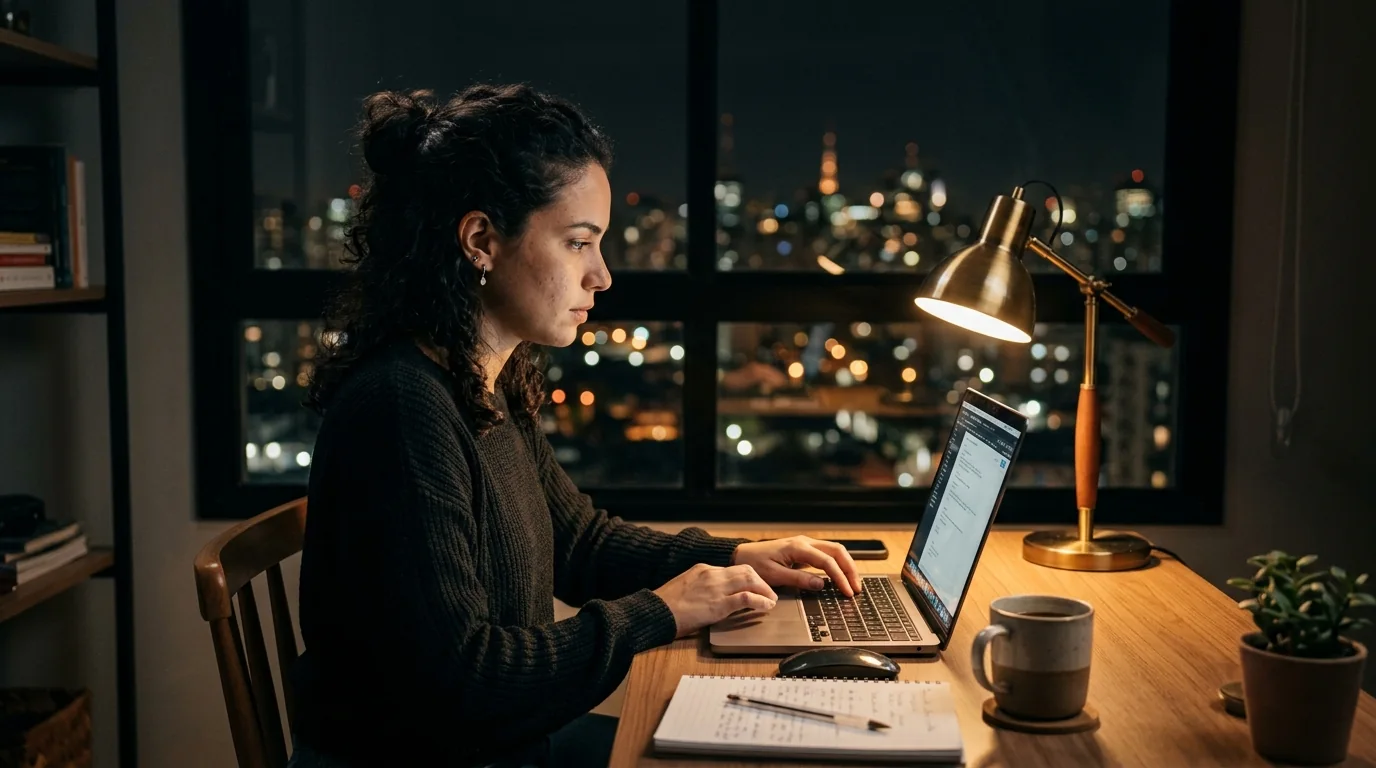 Mulher concentrada trabalhando no notebook à noite, em uma mesa iluminada por luminária