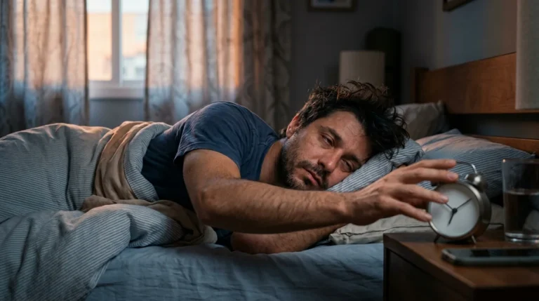 Homem sonolento estendendo a mão para desligar o despertador ao amanhecer