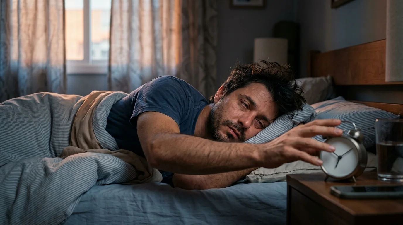 Homem sonolento estendendo a mão para desligar o despertador ao amanhecer
