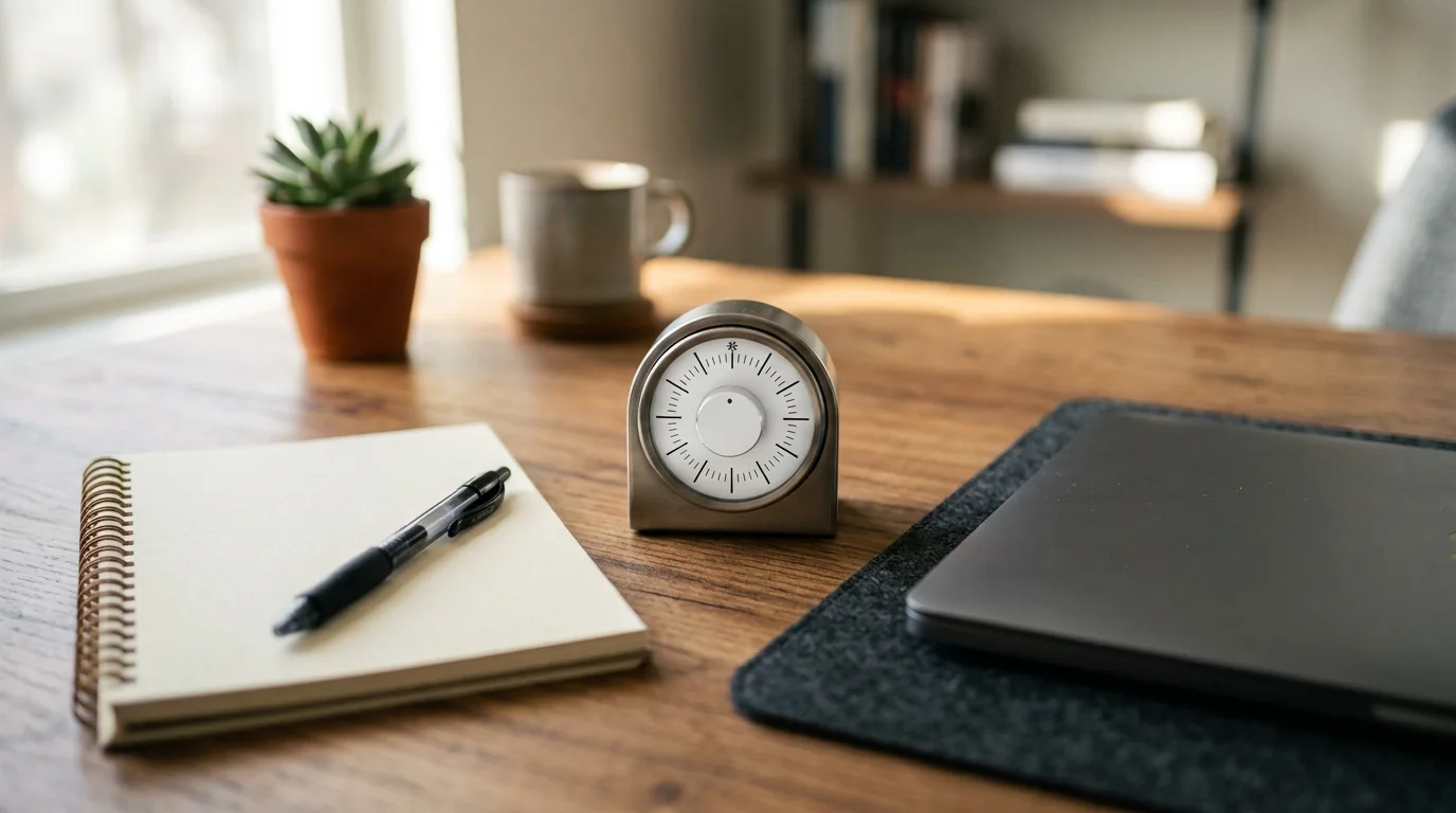 Timer de mesa ao lado de um bloco de notas com caneta e de um notebook fechado
