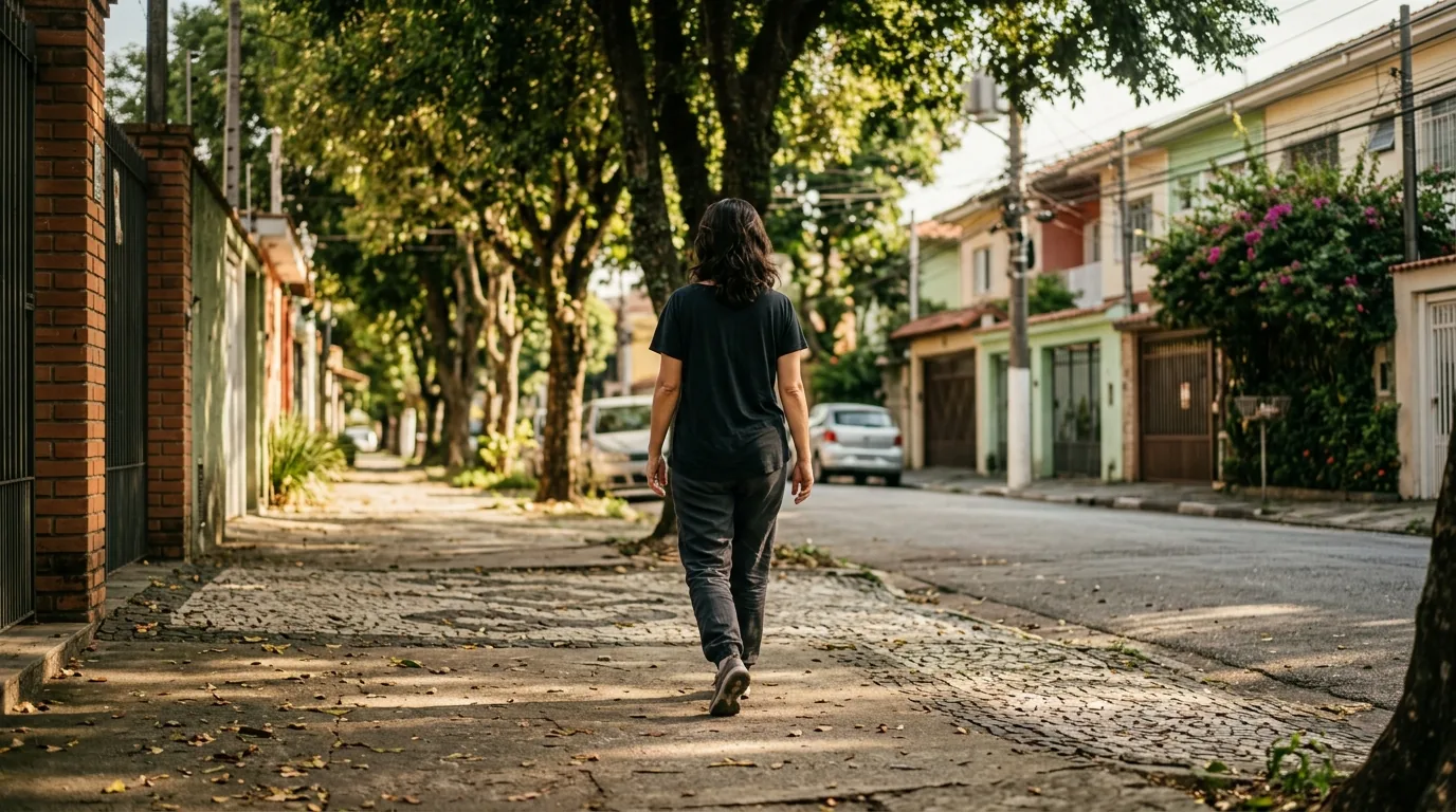 Mulher caminhando sozinha numa calçada arborizada de bairro residencial no começo da tarde