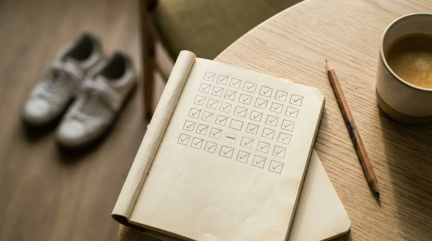 Caderno aberto com grade de quadrados marcados e um dia com traço, ao lado de café, lápis e tênis ao fundo