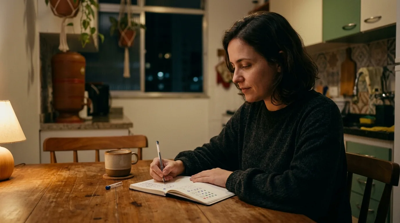 Mulher sentada à mesa da cozinha à noite anotando pontos coloridos em um caderno pequeno, preenchendo o diário de humor