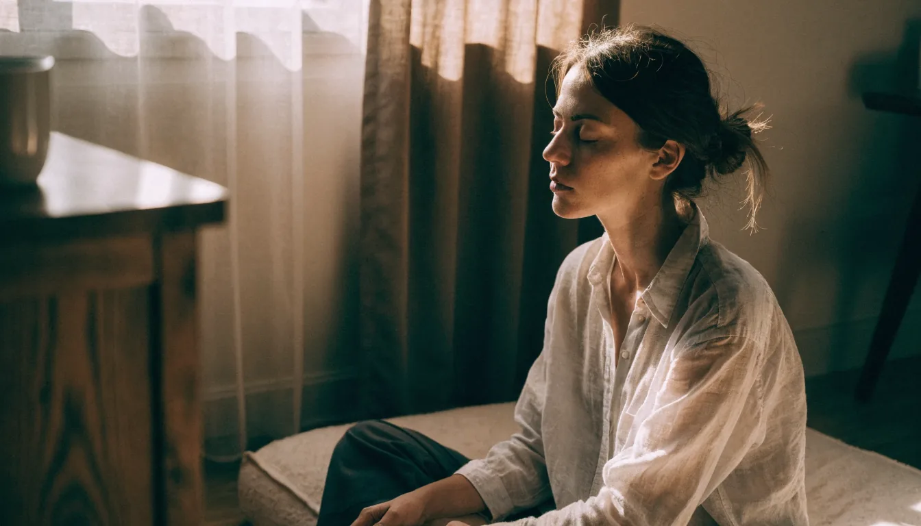 Mulher meditando de olhos fechados sentada em almofada no chão de casa