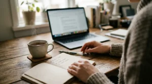 Mãos sobre uma mesa de madeira ao lado de um caderno com lista de tarefas, uma xícara de chá e um notebook