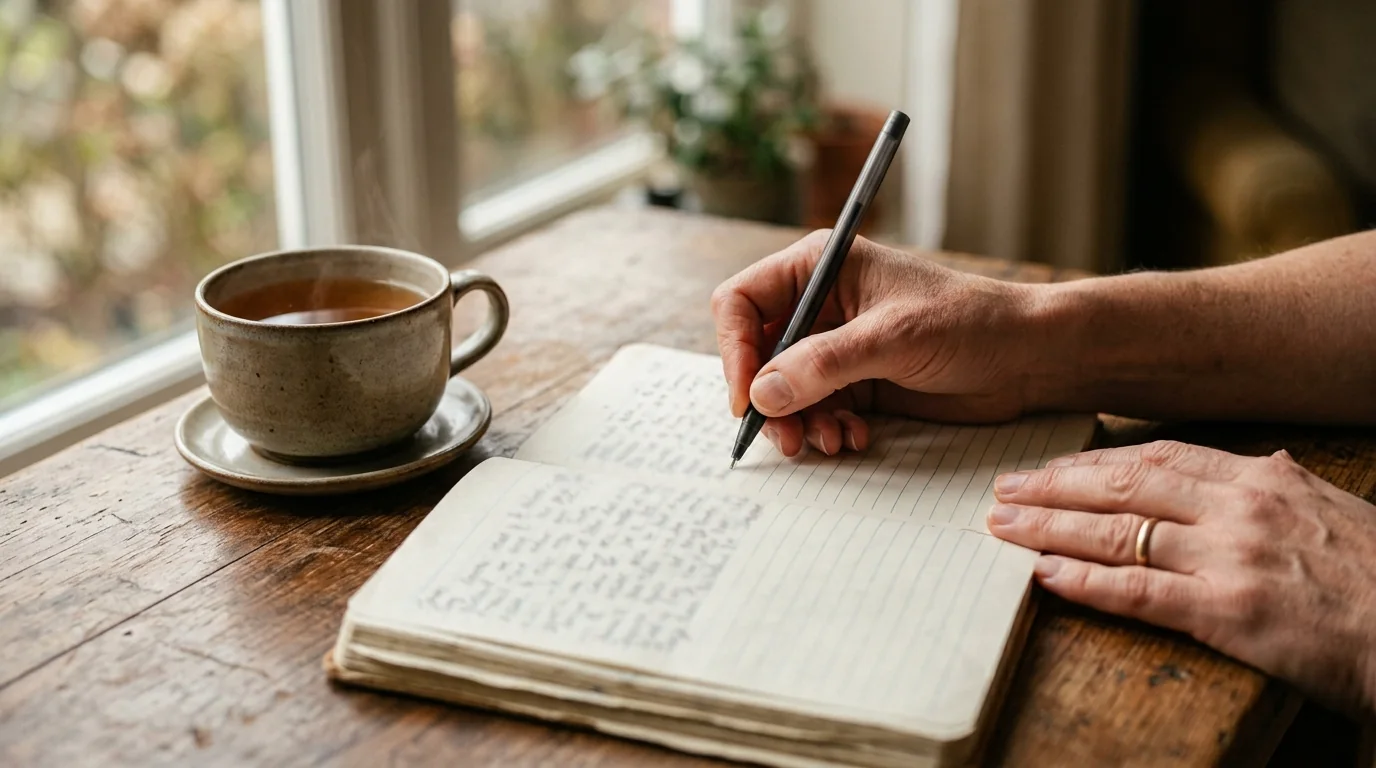 Mãos escrevendo em um caderno sobre uma mesa de madeira, ao lado de uma xícara de chá
