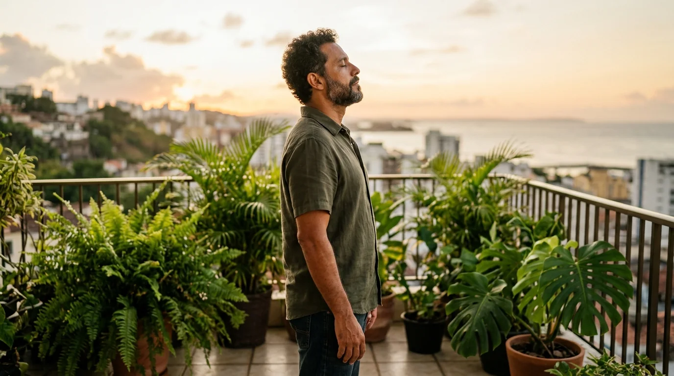 Homem de olhos fechados respirando fundo na varanda pela manhã
