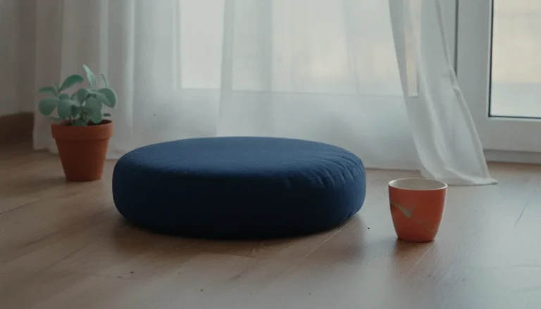 Almofada de meditação azul-marinho no chão de madeira, com um vaso de planta e uma caneca coral perto da janela