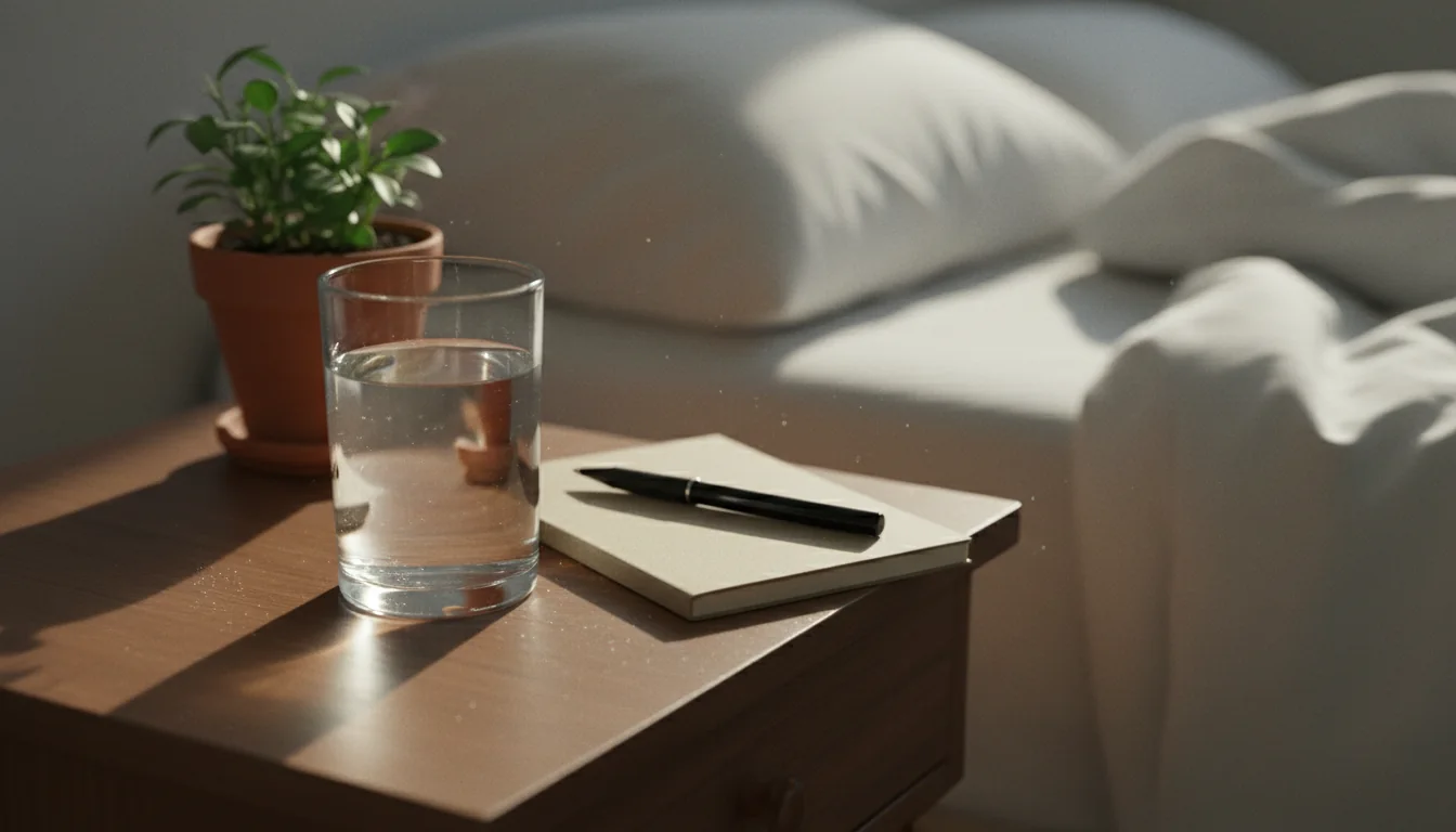Mesa de cabeceira com copo de água, caderno fechado e caneta à luz da manhã
