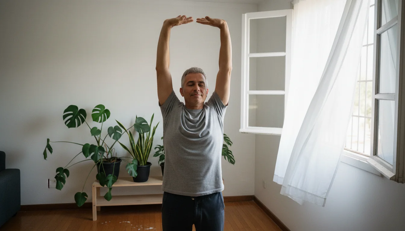 Homem alongando os braços acima da cabeça ao lado de uma janela aberta pela manhã