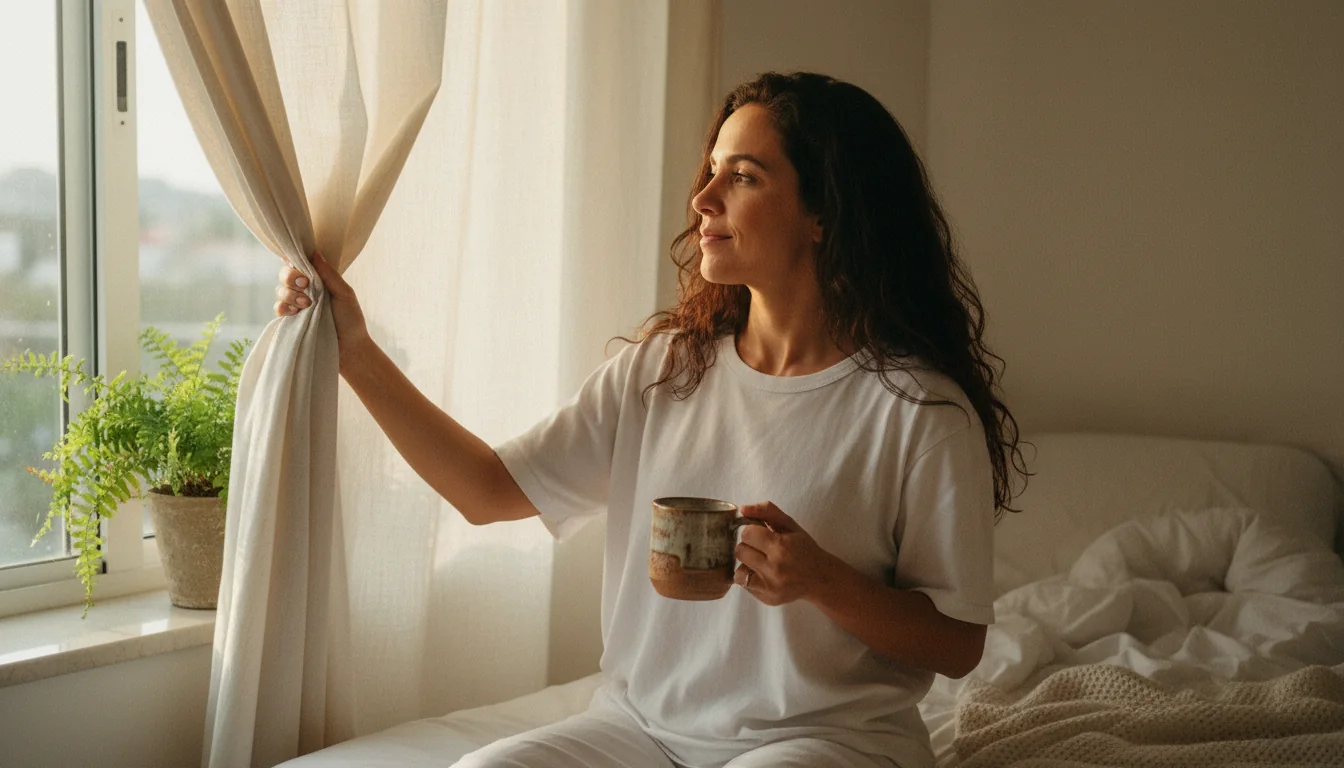 Mulher abrindo a cortina do quarto ao amanhecer, com uma caneca na mão