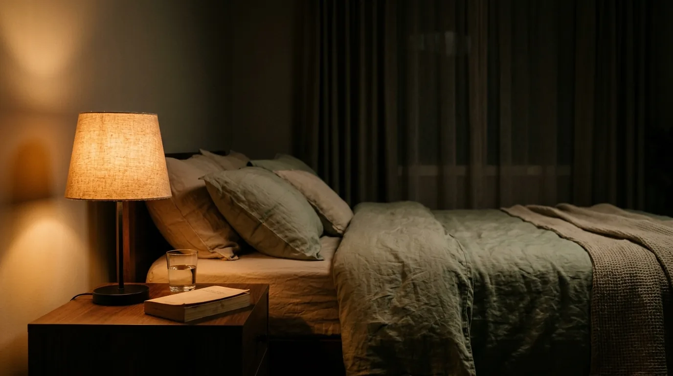 Quarto à meia-luz pronto para dormir, com abajur aceso, livro e copo de água no criado-mudo, cenário de rotina noturna