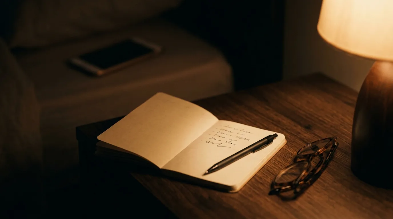 Caderno aberto com lista de tarefas e caneta no criado-mudo ao lado do abajur, com o celular deixado longe da cama