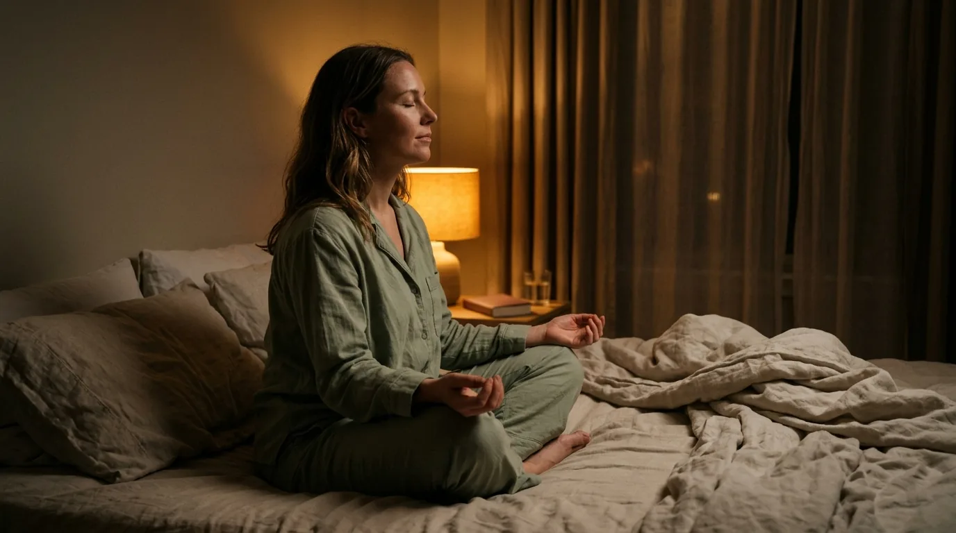 Mulher de pijama sentada de pernas cruzadas na cama, de olhos fechados, respirando devagar à luz do abajur