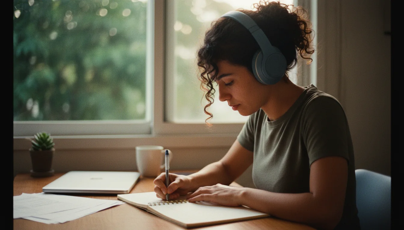Mulher estudando com fone de ouvido em uma mesa perto da janela