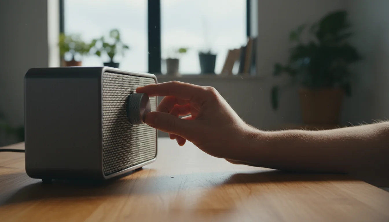Pessoa girando o botão de volume de uma caixa de som pequena sobre a mesa