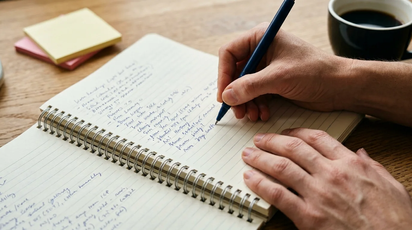 Mãos escrevendo uma lista longa em um caderno sobre a mesa