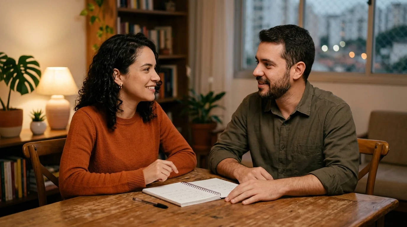 Casal conversando à mesa com um caderno aberto entre os dois