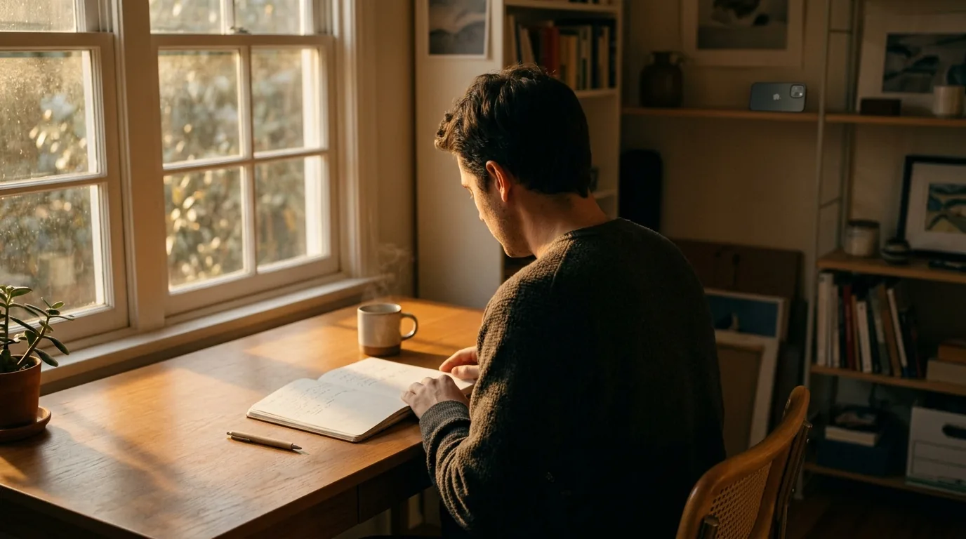Pessoa de costas lendo um caderno numa mesa perto da janela, com o celular longe, em ambiente calmo