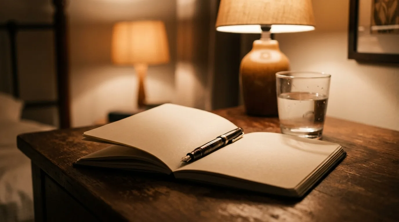 Caderno aberto com páginas em branco e caneta-tinteiro sobre a mesa de cabeceira, ao lado de um copo de água e de um abajur aceso