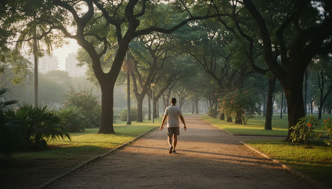 Pessoa caminhando sozinha em um parque arborizado pela manhã, vista de costas