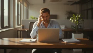 Homem cansado, com a mão na testa, diante do notebook em um escritório no fim da tarde
