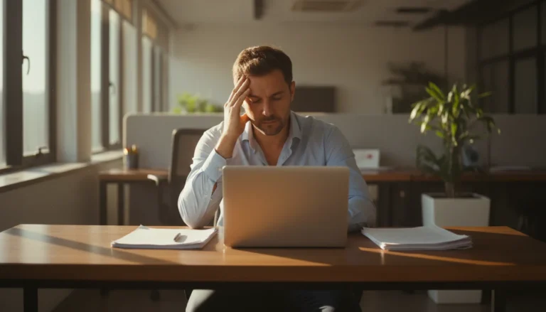 Homem cansado, com a mão na testa, diante do notebook em um escritório no fim da tarde