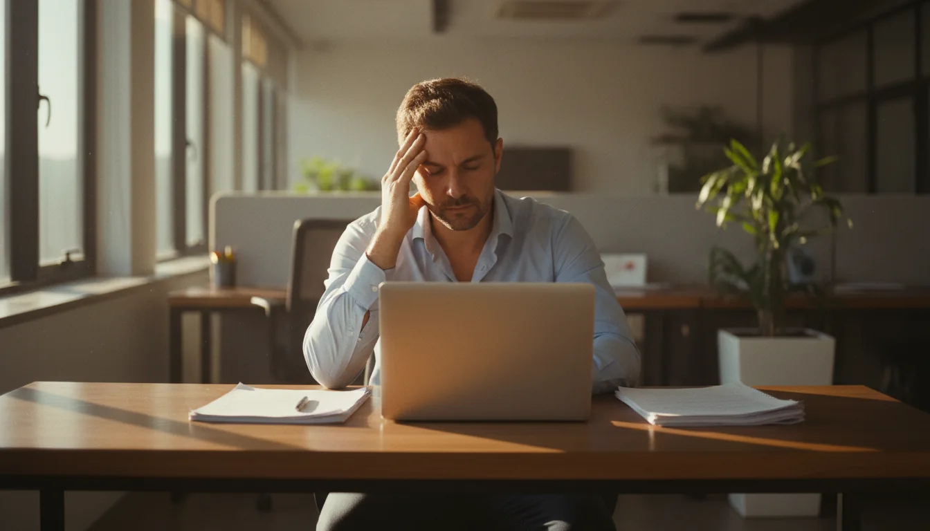 Homem cansado, com a mão na testa, diante do notebook em um escritório no fim da tarde