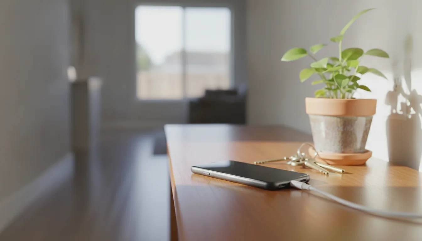 Celular carregando sobre um aparador da sala, ao lado de um vaso de planta e de um molho de chaves