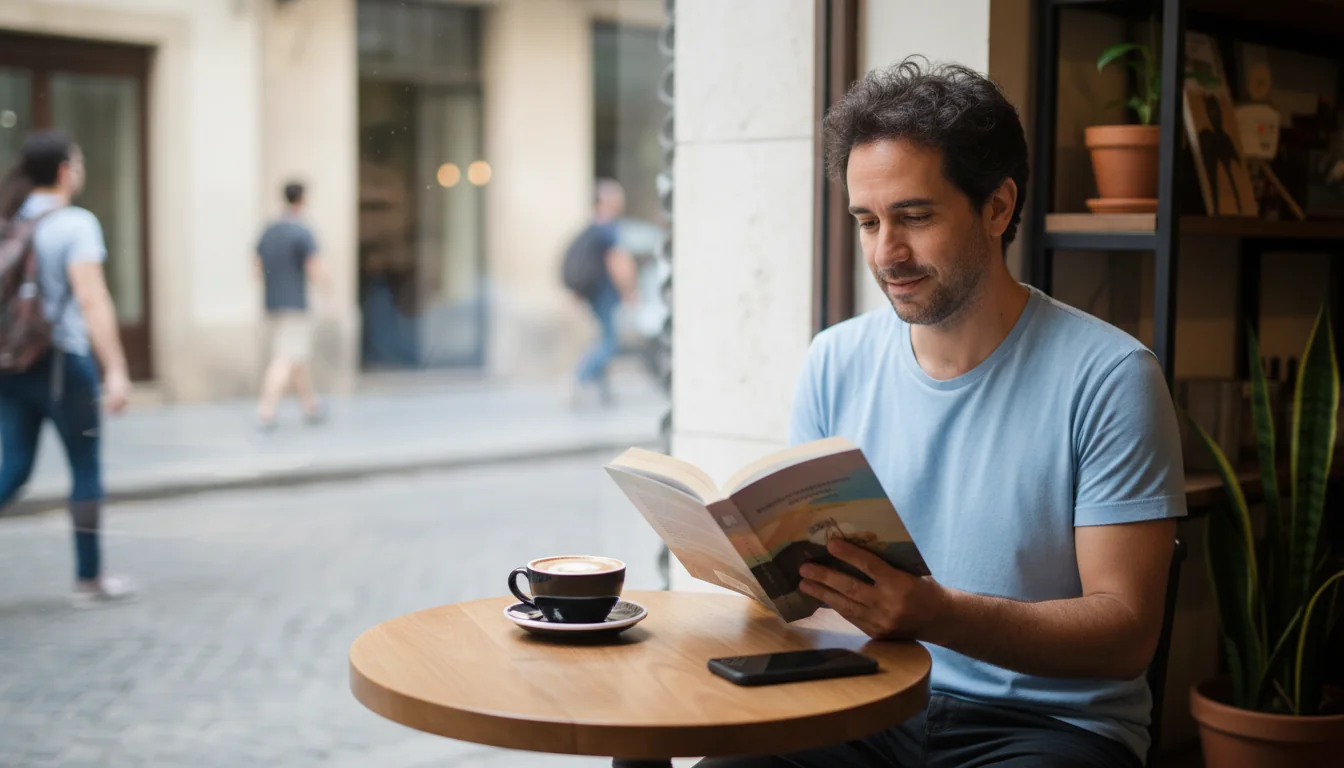 Homem lendo em uma mesa de café, com o celular desligado ao lado da xícara
