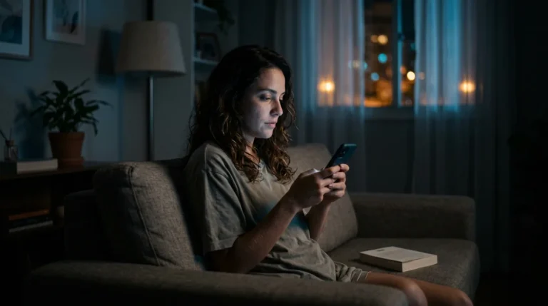 Mulher sentada no sofá à noite com o rosto iluminado pelo celular enquanto rola o feed, sinal comum do vício em redes sociais